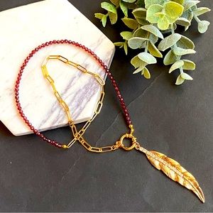 Paperclip chain Garnet Necklace Gold half and half choker front pendant